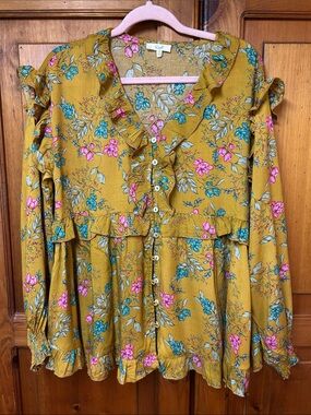 Floral Ruffle Button-Front Blouse - Mustard